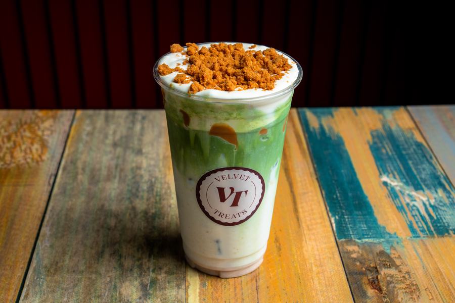 Signature matcha finished with biscoff crumb